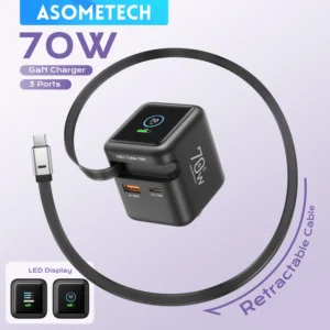 ASOMETECH 70W GaN Charger With Retractable Type C Cable